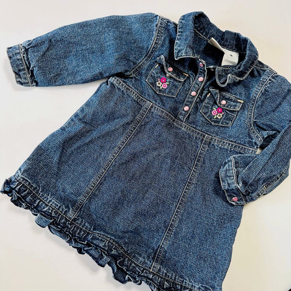 Vintage Cuddle Bear Denim Floral Embroidered Long Sleeve Dress Sz 18 mo